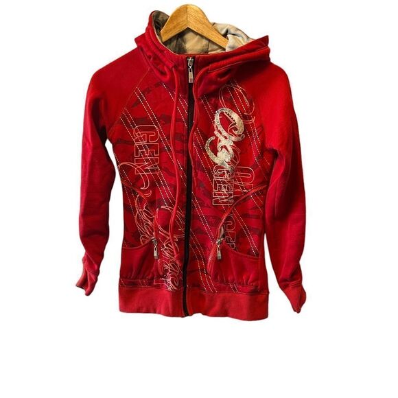 Tops - Red Embellished Graphic Print Zip Up Hooded Long Sleeve Casual Sweatshirt S